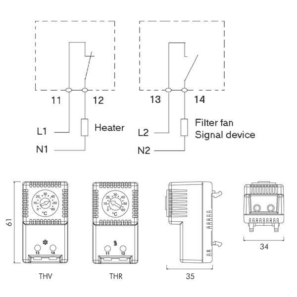 Termostat wentylatora 0-60st IP20 230V Analogowy